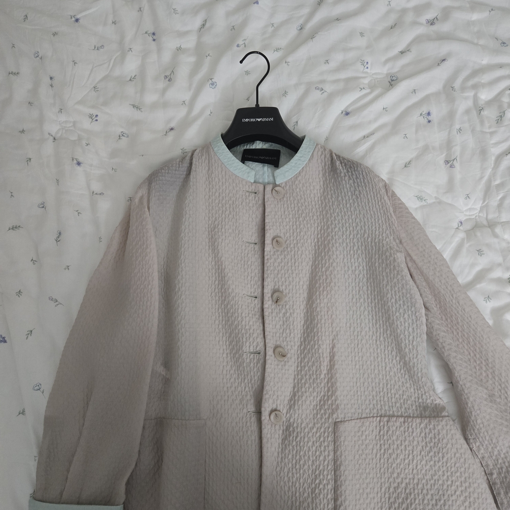 Emporio Armani Gray/mint Textured Lightweight, Sheer Button-Up Jacket